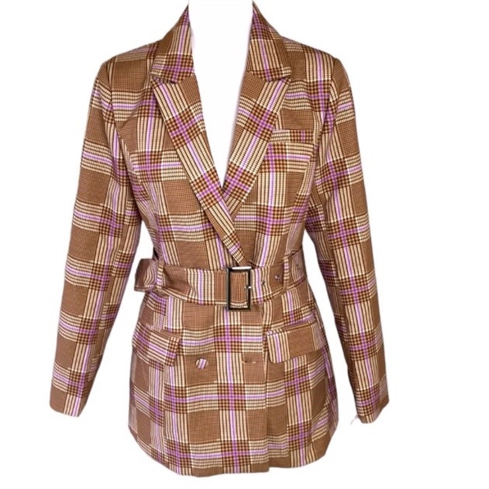 Missguided Tailored Open Back Check Belted Blazer Sz 4 NWT